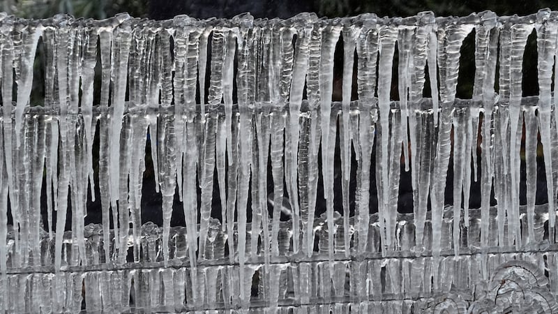 Carámbanos cuelgan de una cerca de alambre de púas que rodea un invernadero, el domingo 1 de...
